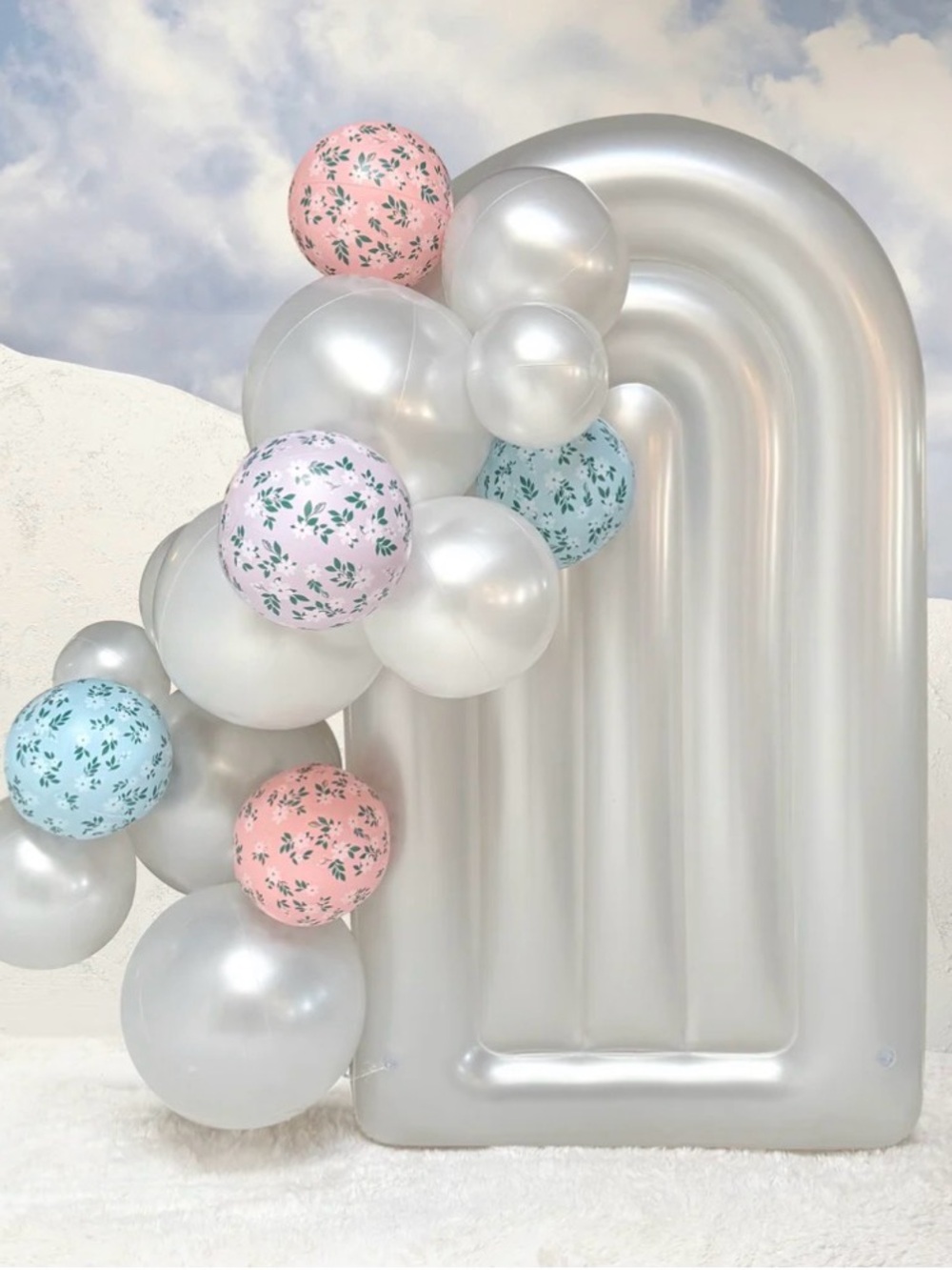 Pearl Silver Arch Backdrop with Pink and Blue Floral Balloons - Party Decor